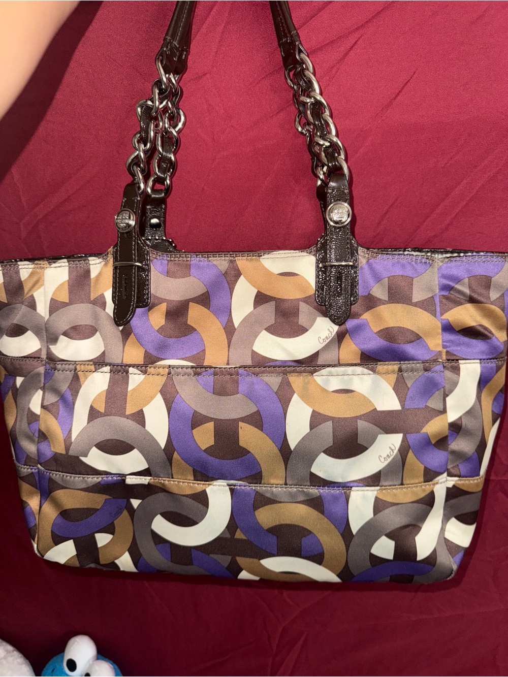 Coach Multicolor Link-Print Tote in Brown, Purple & Tan